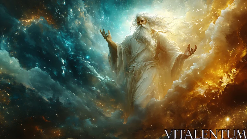 Celestial elder walking through clouds of light and shadow.