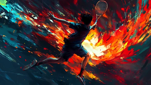 Tennis player dives through explosive strokes of fiery color