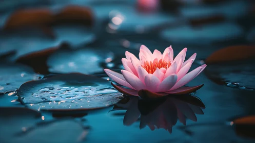 Soft pink water lily resting on calm blue twilight pond.