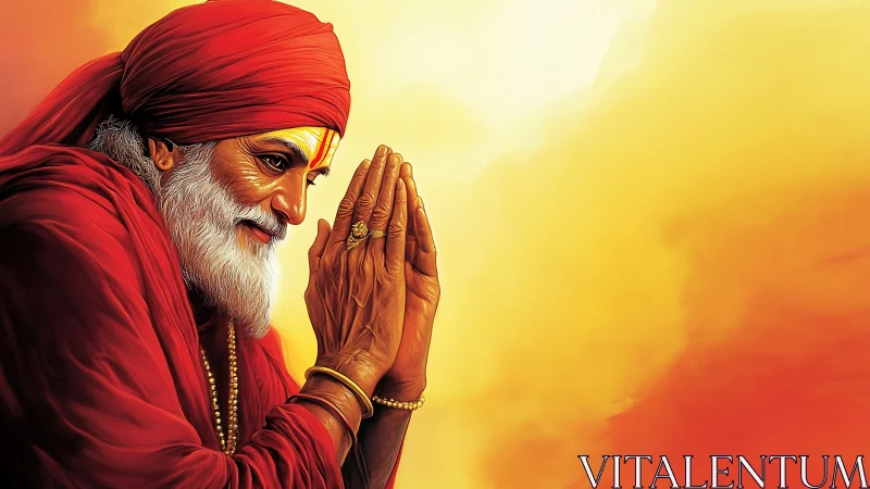 Elderly man in red robe holds folded hands against warm sky