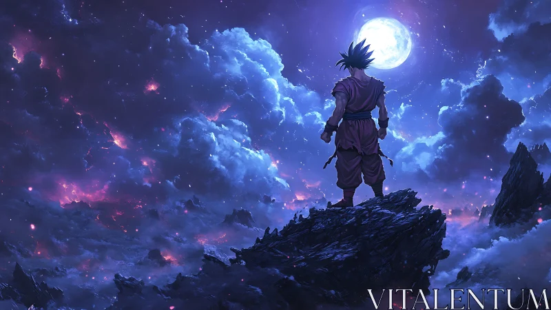 Solitary warrior overlooking glowing clouds under moon.