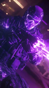 Neon-charged cyber soldier unleashing purple energy fire.