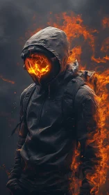 Urban fire spirit walks through smoke in a blazing hoodie