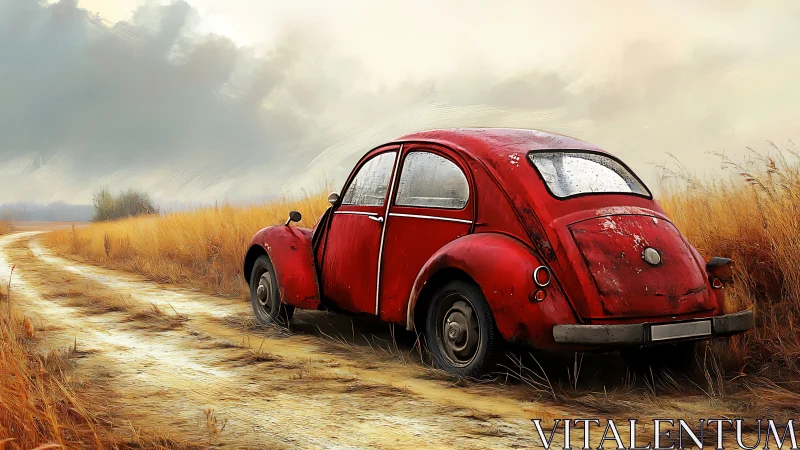 Rust-red country cruiser lingers where the dirt road bends