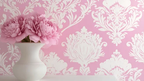 Soft pink peonies rest against ornate damask wallpaper.