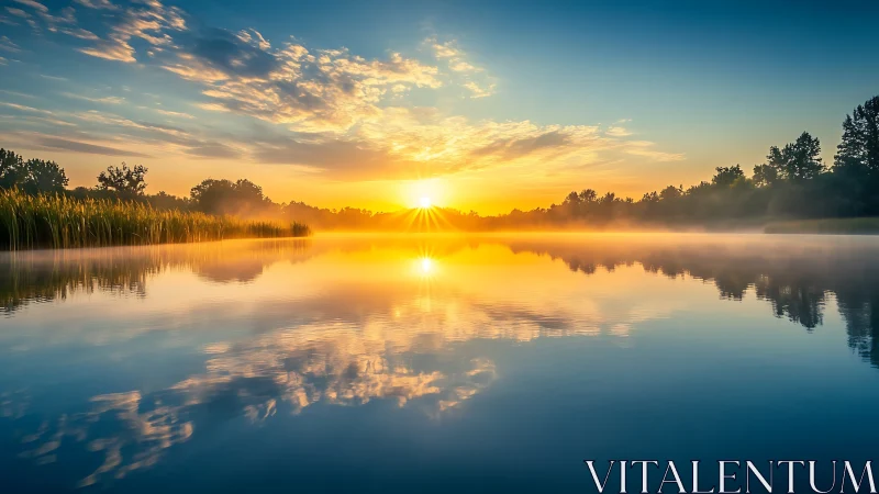Photorealistic sunrise over misted lake with mirror symmetry.