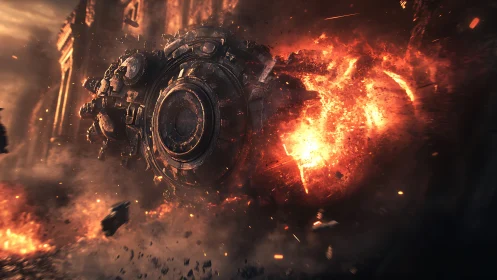 Orbiting war engine erupts in cathedral of cascading fire.