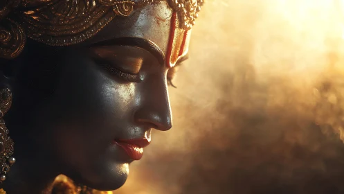 Side-lit devotional sculpture profile with golden ambient haze