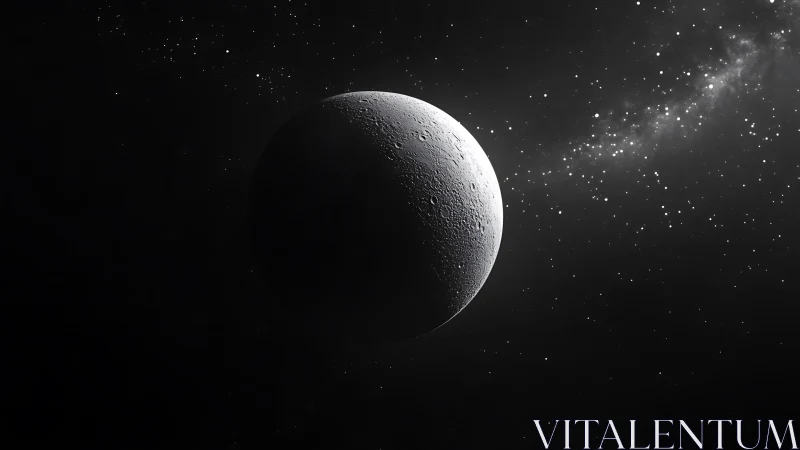 Lunar crescent rendered with high-contrast raking light and crater relief