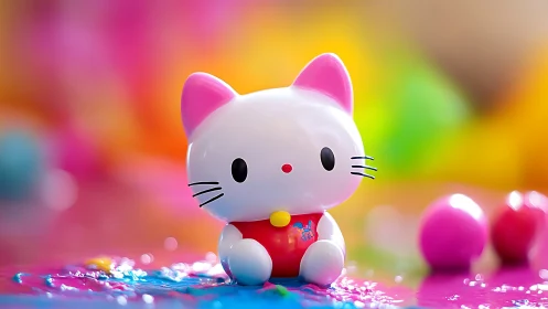 Hello Kitty Figurine Against Vibrant Rainbow Gradient.