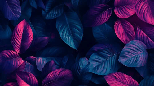 Image presents overlapping leaves under dual color lighting