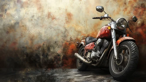 Weathered red cruiser motorcycle against textured grunge wall