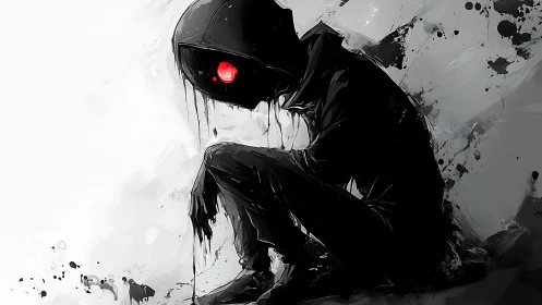 Hooded dark figure with glowing red eye in grayscale art.