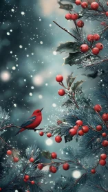 Red bird on winter berries in soft falling snow backdrop.