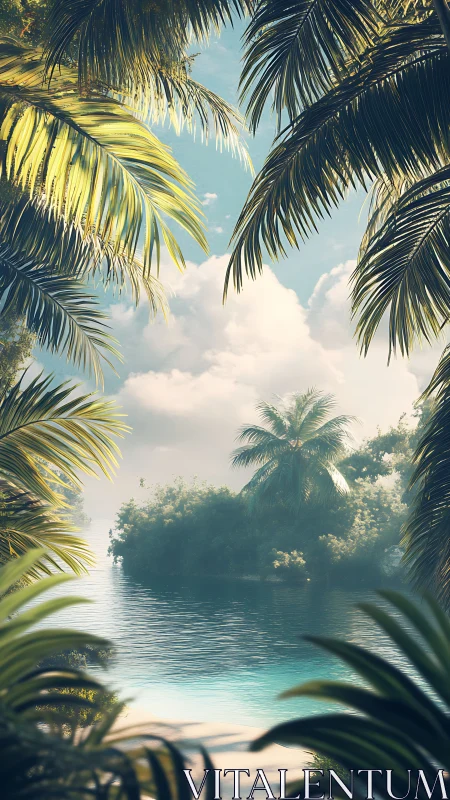 Tropical Lagoon Framed by Palm Fronds