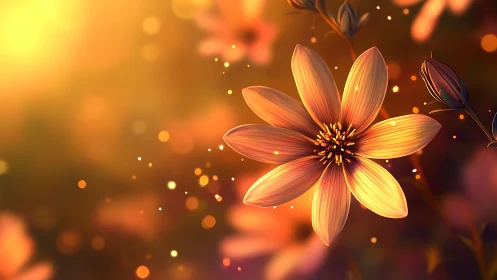 Radiant orange flower glows in dreamy sunset bokeh field.