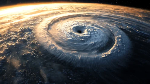 Planetary cyclone vortex under sunrise rim lighting viewed from orbit.