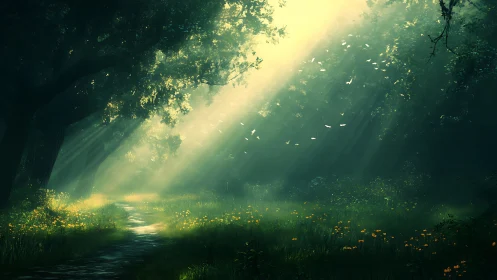 Enchanted Forest Path with Sunbeams and Wildflowers, Digital Art.