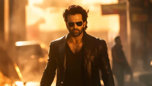 Man in black leather jacket walking through sunlit street.