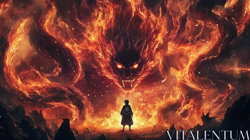 Fiery demon construct confronting lone cloaked silhouette figure