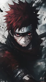 Red-haired ninja portrait with headband and battle damage.
