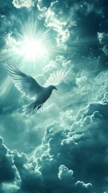 Radiant white dove soars toward sunlight through stormy clouds