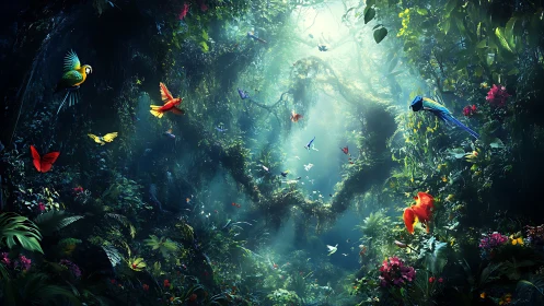 Luminous rainforest aviary with radiant tropical birds.