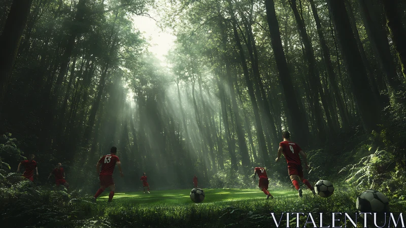 Forest canopy football field under volumetric sunlight beams.