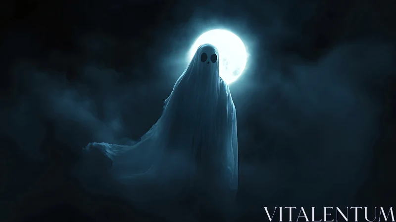 Moonlit sheet ghost drifts softly through midnight mist
