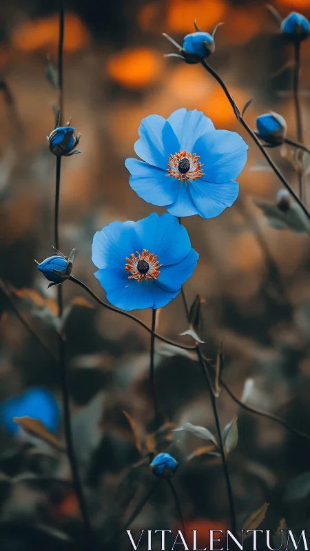 Vibrant Blue Blooms Dancing with Orange Light.