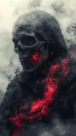 Burning skull warrior rises through swirling ghostly smoke