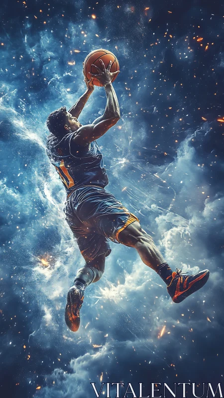 Dynamic digital painting of airborne basketball dunk action.