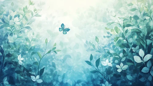 Butterfly drifts through luminous blue-green foliage glow.