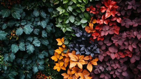 Multicolored foliage panels forming dense vertical display.