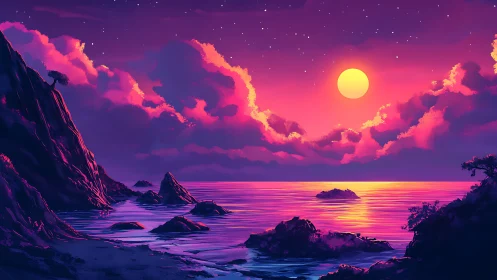 Neon twilight coast glows under a radiant full moon.
