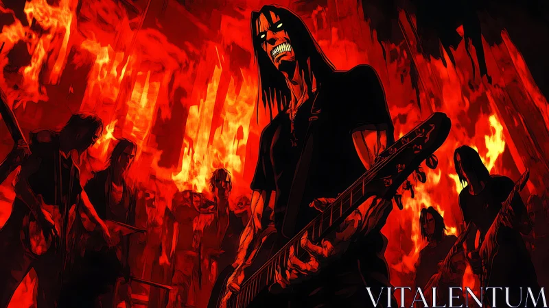 Fierce metal guitarist leads a blazing band in roaring flames