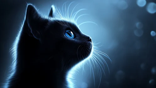 Luminous Gaze: Silhouetted Cat with Piercing Azure Eyes.