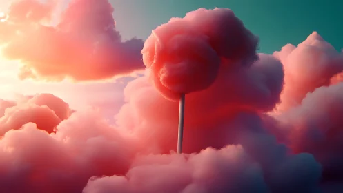 Red lollipop rises through pink clouds against teal sky.