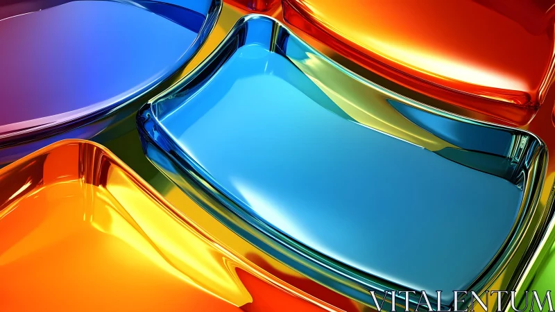 Vibrant abstract glass shapes in blue, orange, red, and yellow.