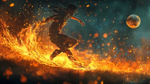 Soccer player powered by flames kicks a glowing ball