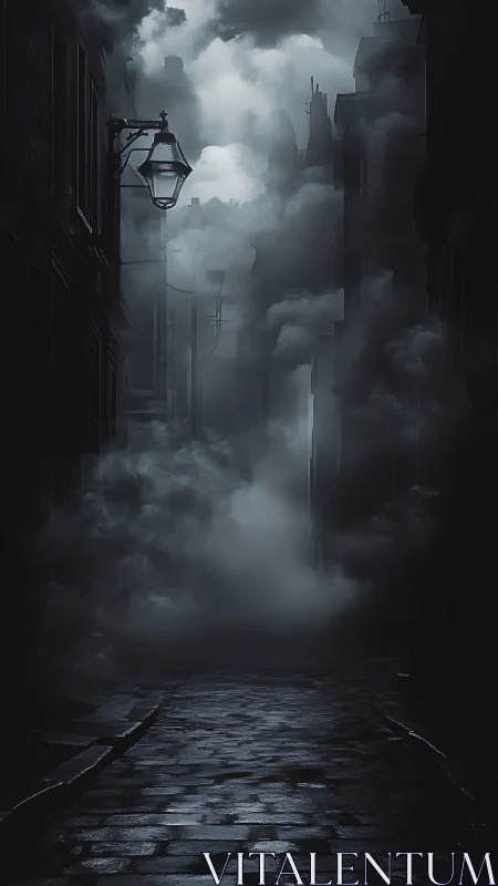 Noir alleyway shrouded in dense cinematic monochrome fog.