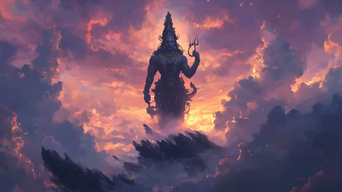 Divine warrior deity rises amid blazing twilight clouds.