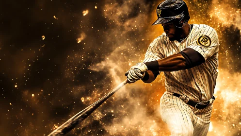 Power hitter drives bat through molten golden sparks.
