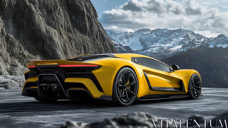 Yellow hypercar stands poised for speed against alpine cliffs