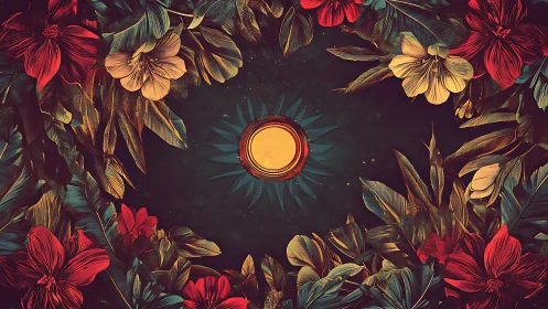 Floral wreath encircles glowing golden sun at center.