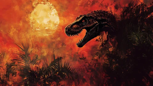 Predatory dinosaur skull emerges against textured infernal sunset sky