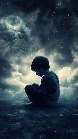 Quiet moonlit dreamscape with a thoughtful young child.