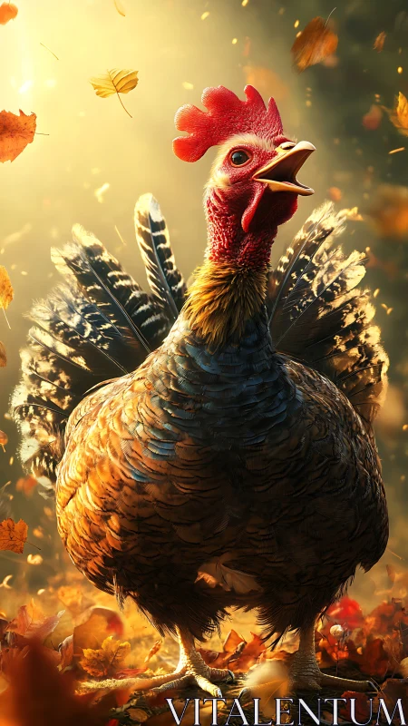 Styled rooster rendered against autumnal foliage backdrop.