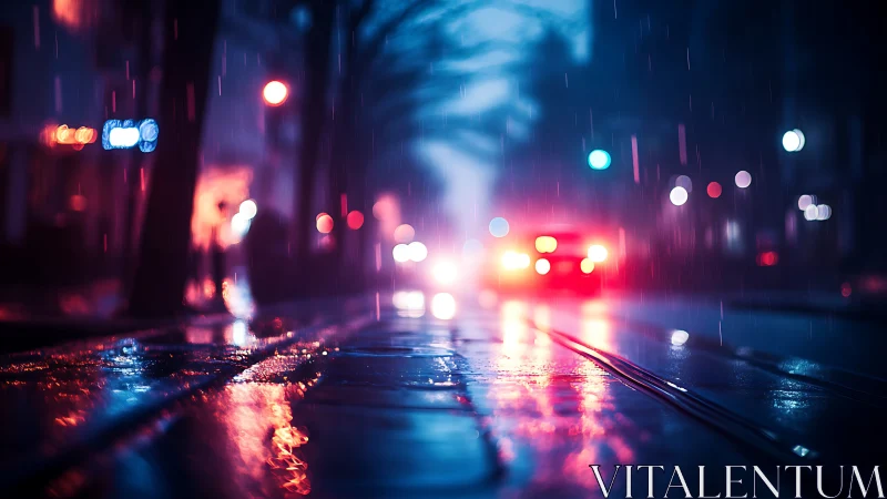 Neon rain-soaked avenue with bokeh-lit urban depth of field.