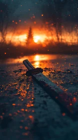 Samurai sword resting on wet ground at burning sunset.